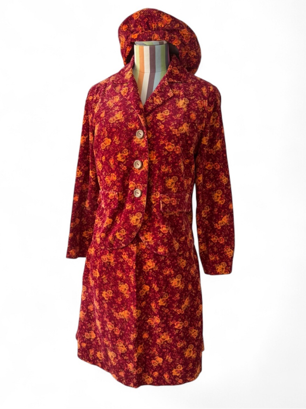 Vintage Handmade Whale Corduroy Floral Blazer Skirt Suit Set Matching Hat Beret
